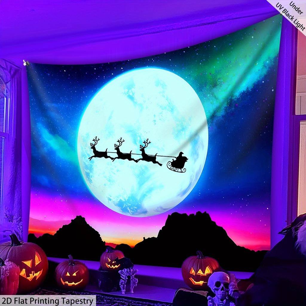 Christmas Sleigh Santa Claus Fluorescent Tapestry Outer Space UV BlackLight Tapestry, Wall Hanging For Living Room Bedroom Office Home Decor