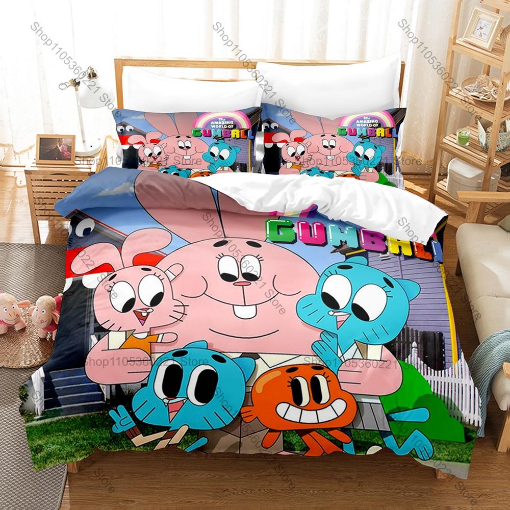 Úžasný svět Gumballa Gumball a Darwin HD Tisk Povlečení Přikrývka + 2 Povlaky na polštář Polyester Dekorace do pokoje pro kluky a dívky