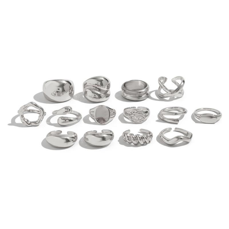 Pack of 12 Pearls Embellished Openwork Irregular Rings Set Alloy Fashion Jewelry Lightweight Hollow Jewelry Set for Women