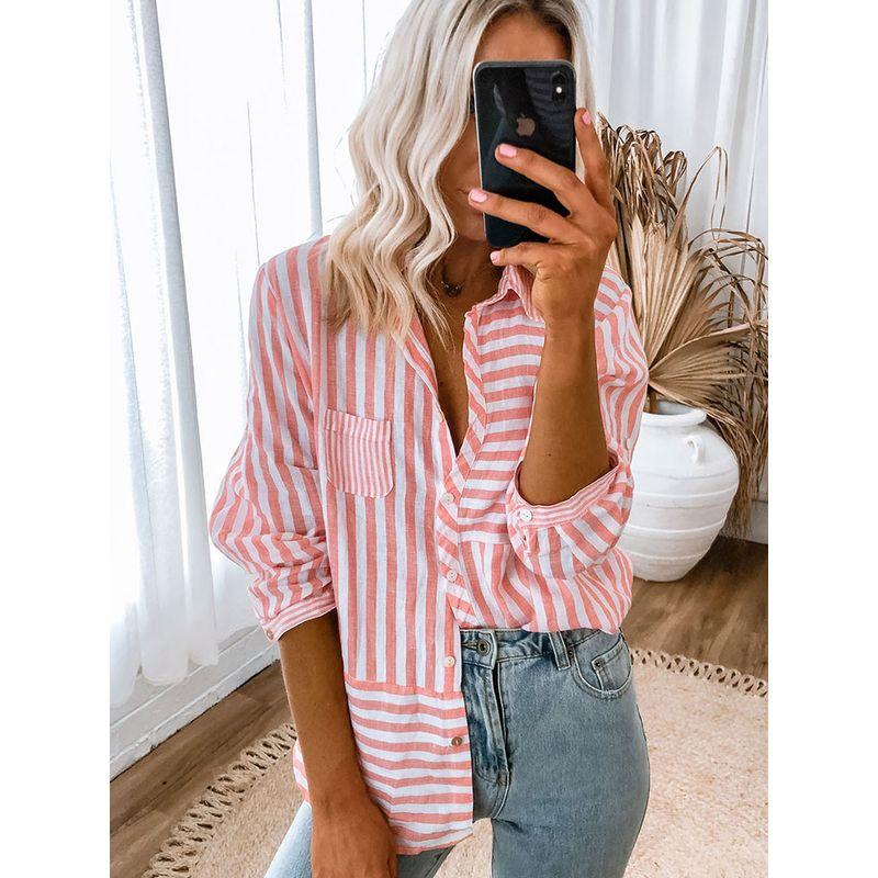 Early Spring 2025 New Arrival Work Clothing All-Matching Striped Shirt Women Fashion Fashion Colorblock Single-Breasted Long Sleeve Shirt Women