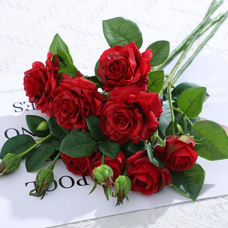 Artificial Flower 3 Head Feel Crimped Rose Wedding Hand Bouquet Feel Home Interior Living Room Decoration Fake Flowers