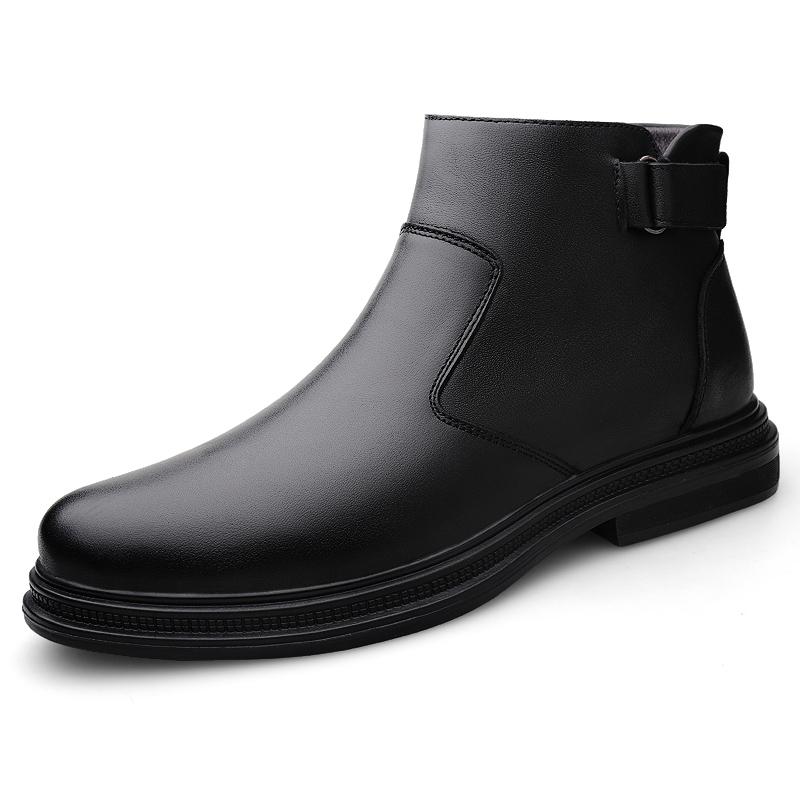 Winter Warm Ankle Boots with Fur Loafers Men Casual Shoes Genuine Leather Business Mens Slip on Mid-Calf Boot Platform Fur Lined