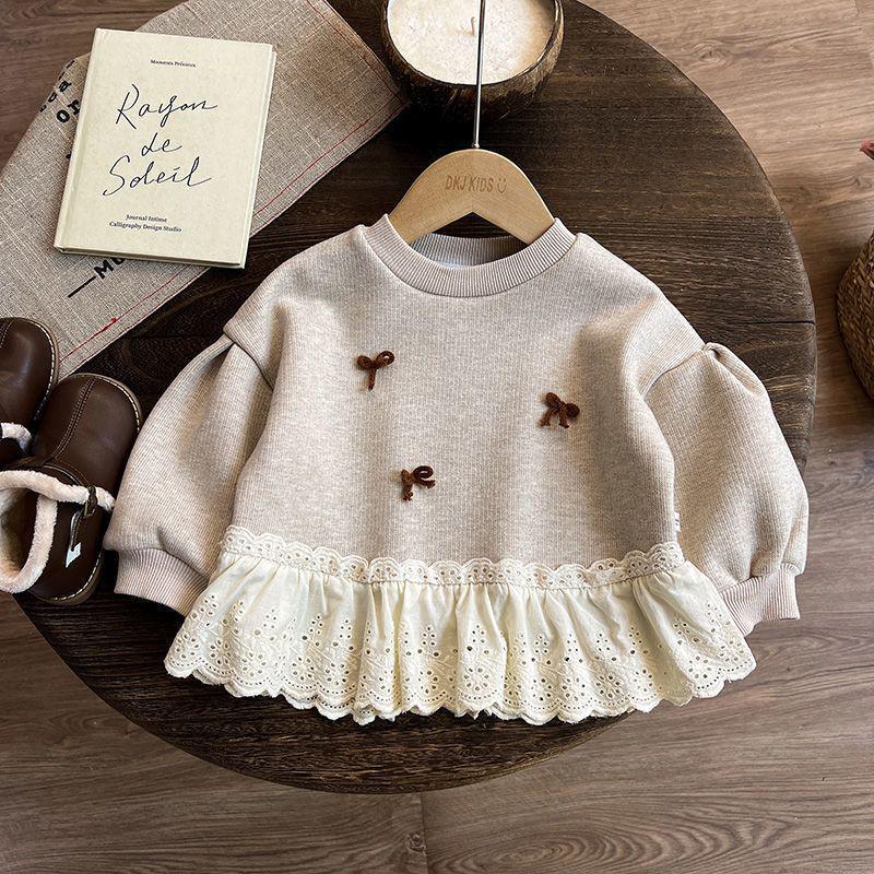 Fleecegefüttertes Sweatshirt im Waldstil mit Schleife für Mädchen – Niedliches und stylisches Lotusblatt-Spitzendesign für Herbst und Winter