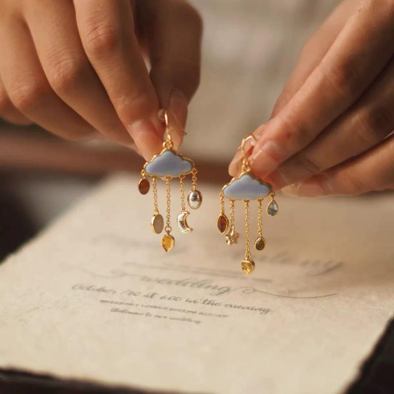 Copper Alloy Star Moon Tassel Earrings - Vintage White Deer Design светло-синий