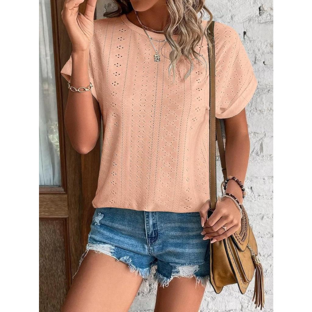 Top Eyelets Summer Spring Curved Hem, Casual Women's Short Sleeved Fashionable T-shirt Beach Vacation Short Style