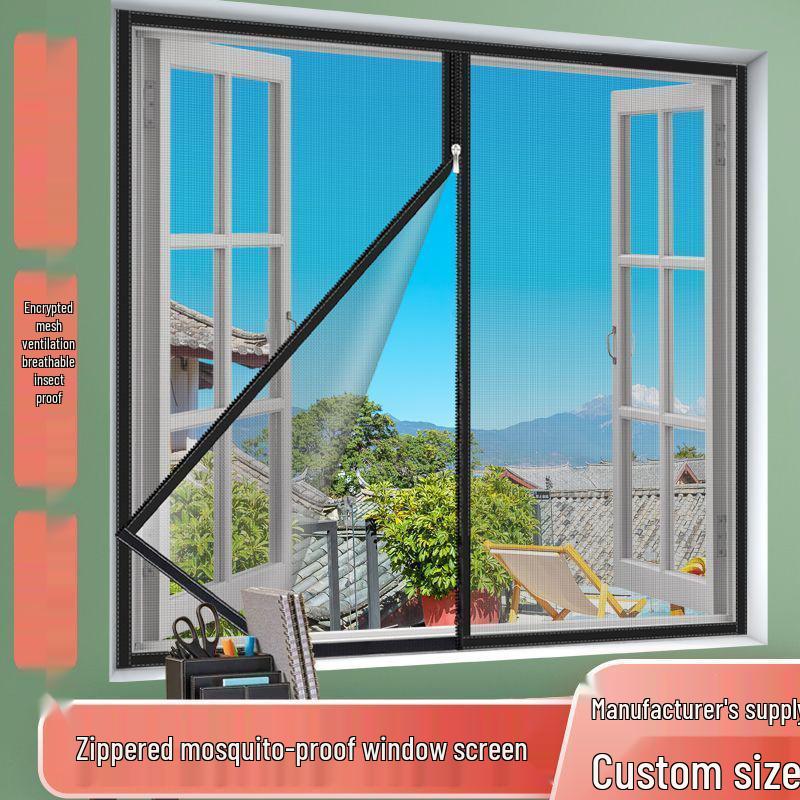 Self-Adhesive Black Mesh Window Screen with Zippered Nano PP and Velcro Edging for Easy Mosquito Protection Total width 85cm, Center zipper
