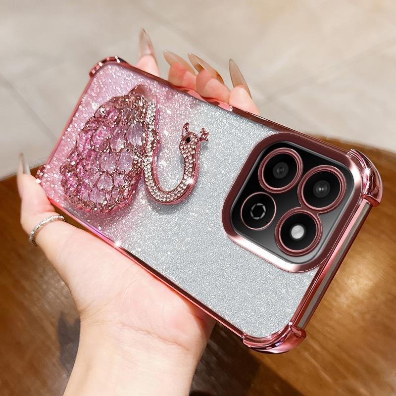 KEYSION Shockproof Plating TPU Phone Case for HONOR X7c Glitter Jewelled Swan kickstand Back Cover for Honor 200 Smart 5G