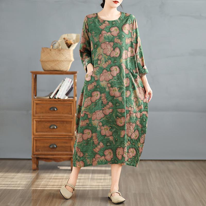 Early Spring Vintage Round Neck Long Sleeved Patchwork Artistic Loose Fit Plus Mid Length Dress