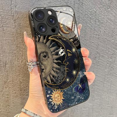 Creative Sun Person Pattern Tempered Glass Phone Case For iPhone 16 Pro Max 17 15 14 13 12 11 Pro 16E 7 8 Plus XR XS X Cover