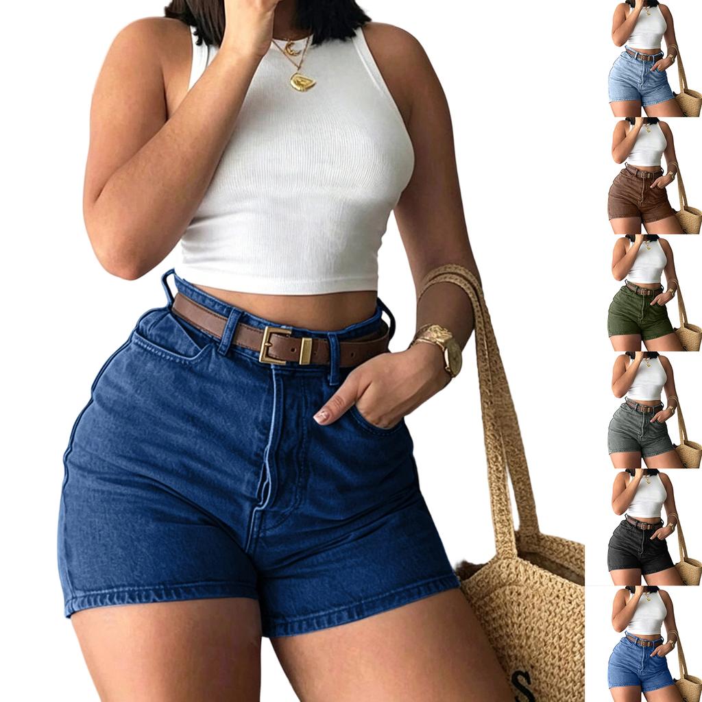 Women High Waist Vintage Denim Shorts Slim Fit Casual Hot Pants with Belt for Summer Everyday Wear