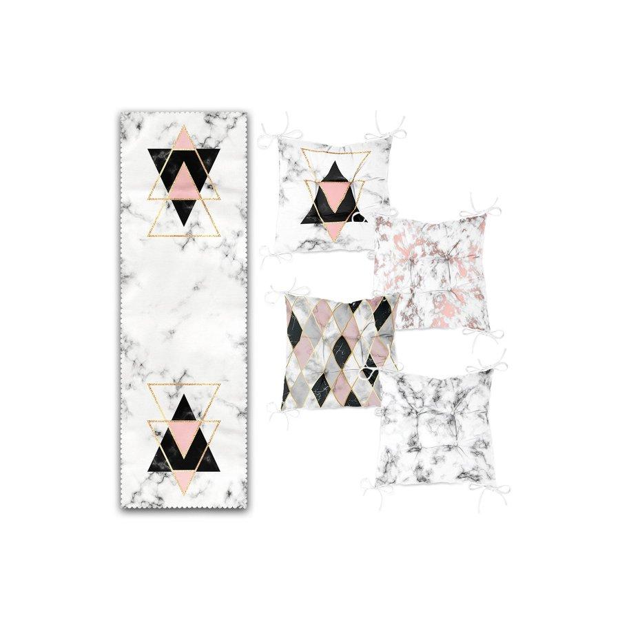 Marble Pattern Digital Printed Chair Cushion Set / 4 Pieces 40×40cm Square Chair Cushions and 1 Piece Runner