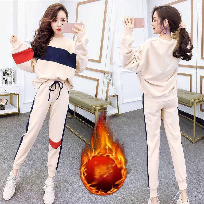 

Спортивный костюм женский, свободный, бархатный, утолщенный, с длинными рукавами, повседневный костюм из двух предметов для бега, теплый и дышащий, комфортный XXL