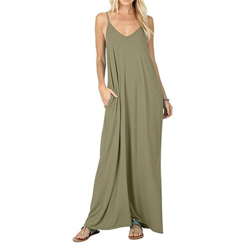 European and American Women's Clothing Solid Color Loose Pocket Long Dress, Vest Dress, Sexy Suspender Skirt