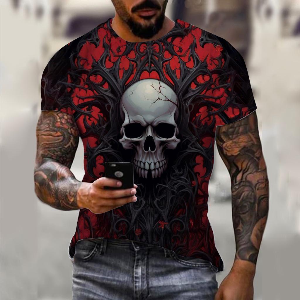 Summer Round Neck 3D Horror Skull Print Top Fashionable Casual Short Sleeved Men's T-shirts