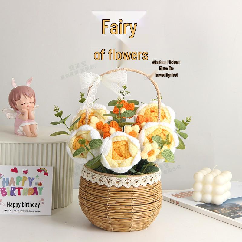 Sonnenblumen Gestrickter Wollstrauß in Handkorb - Geburtstag, Feiertag, Lehrertag, Abschlussgeschenk