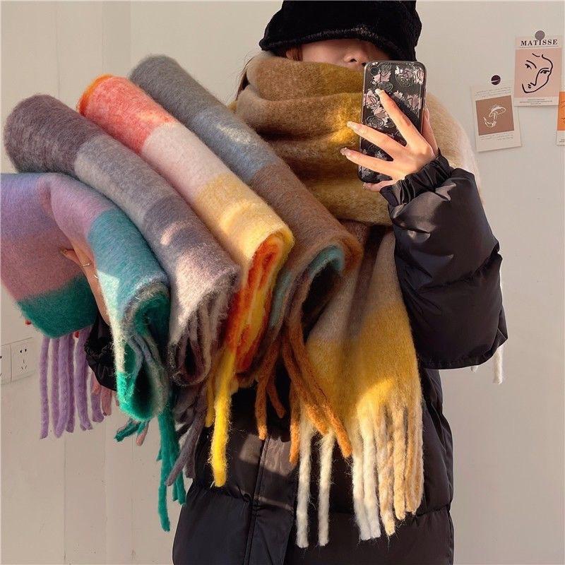 200x40cm Extra Long Wide & Thick Winter Scarf Fake Cashmere Fringe Shawl Rainbow Plaid Windproof Scarf Wrap for Women