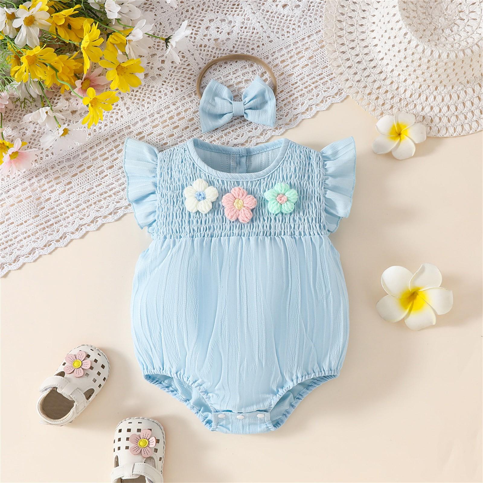 

Летний детский комплект с объемными цветами, игровым шарфом, ручным шитьем, летающими рукавами, шортами, 2 комплекта, симпатичная одежда 12M