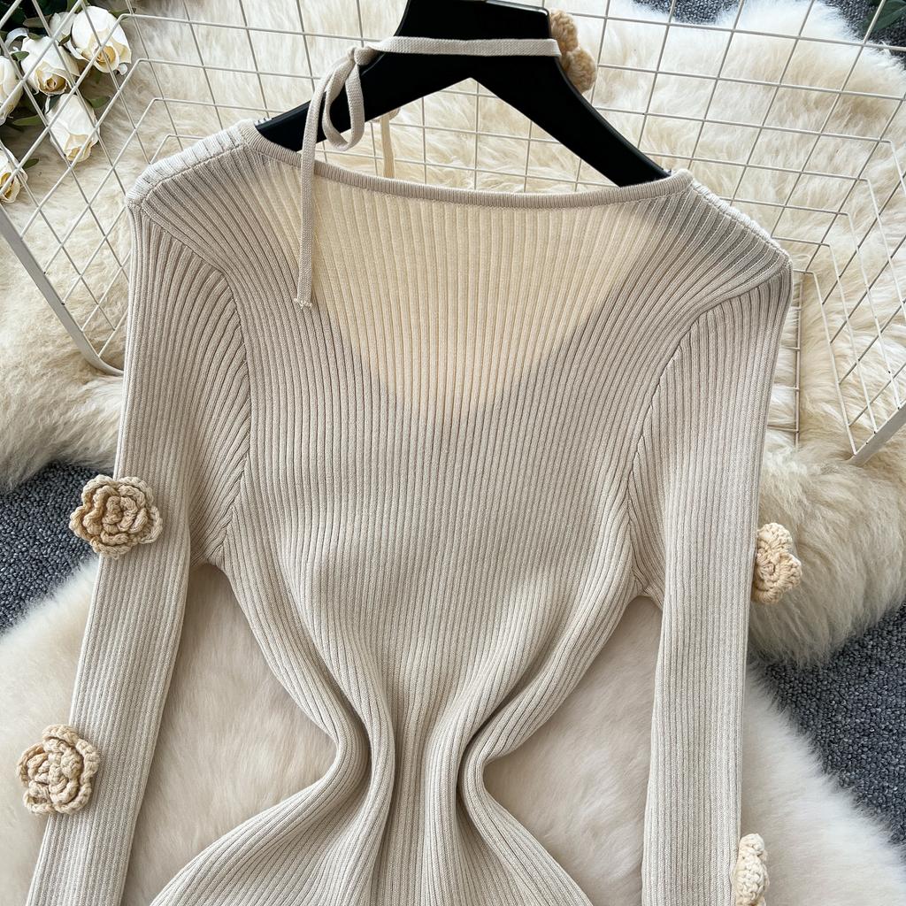 Atmosphere Temperament Three-dimensional Flower V-neck Long-sleeved Dress Female Slim and Thin Inner Sweater Skirt Autumn and Winter New Models