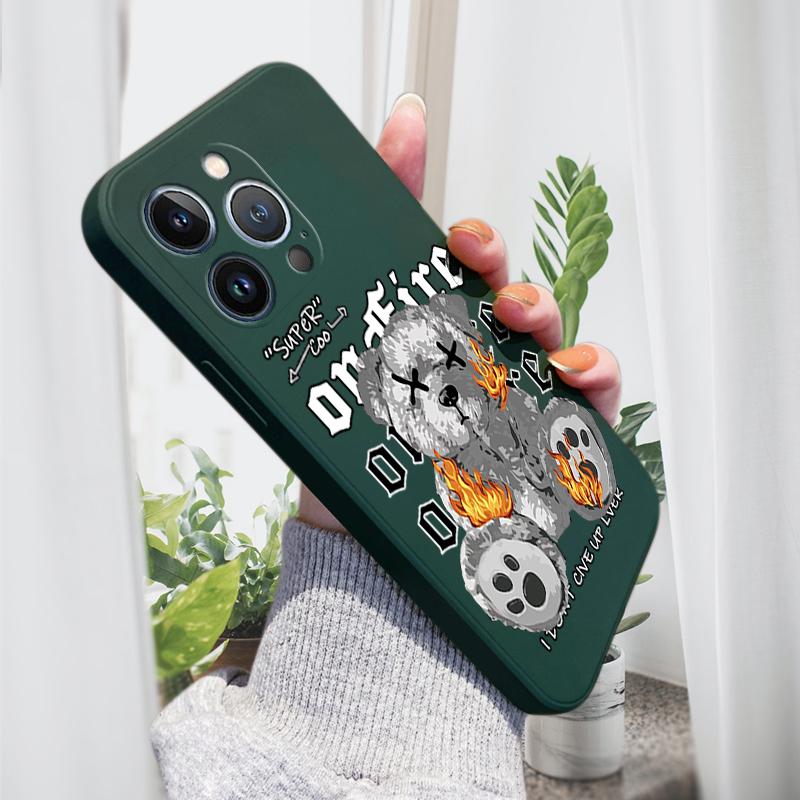 Fashion Cool Flame Bear Phone Case for iPhone 15 14 13 12 11 Samsung Galaxy A12 A52 S24 S23 Xiaomi POCO Redmi Soft Square Liquid Silicone Cover