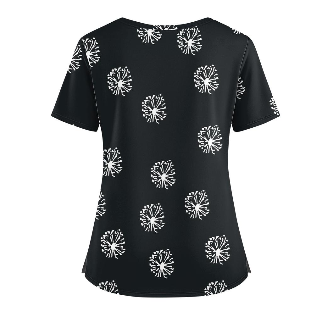Women's Fashionable Printed Round Neck Pocket Short Sleeved Shirt With Slit Hem Uniform And Worker's Top