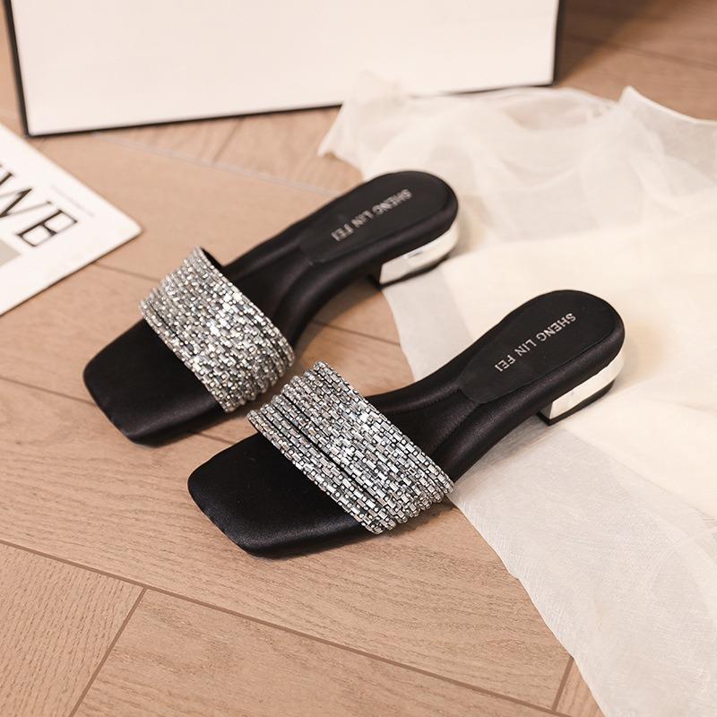 Slippers women's summer outer wear~ summer new fashion rhinestone thick heel cool slippers tide