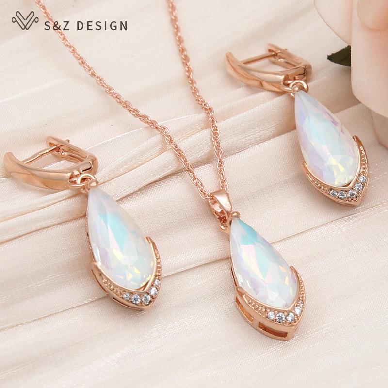 Fashion Water Drop Crystal Dangle Earrings Jewelry Sets For Women Rose Gold Color Zirconia Wedding Necklace