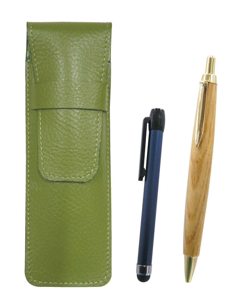 Grained Leather Pencil Case with Metallic Touch Stick and Retro Maple Ballpoint Pen Set Two-pack Yellow-Green (SASKI-ALL-HS47S-2)
