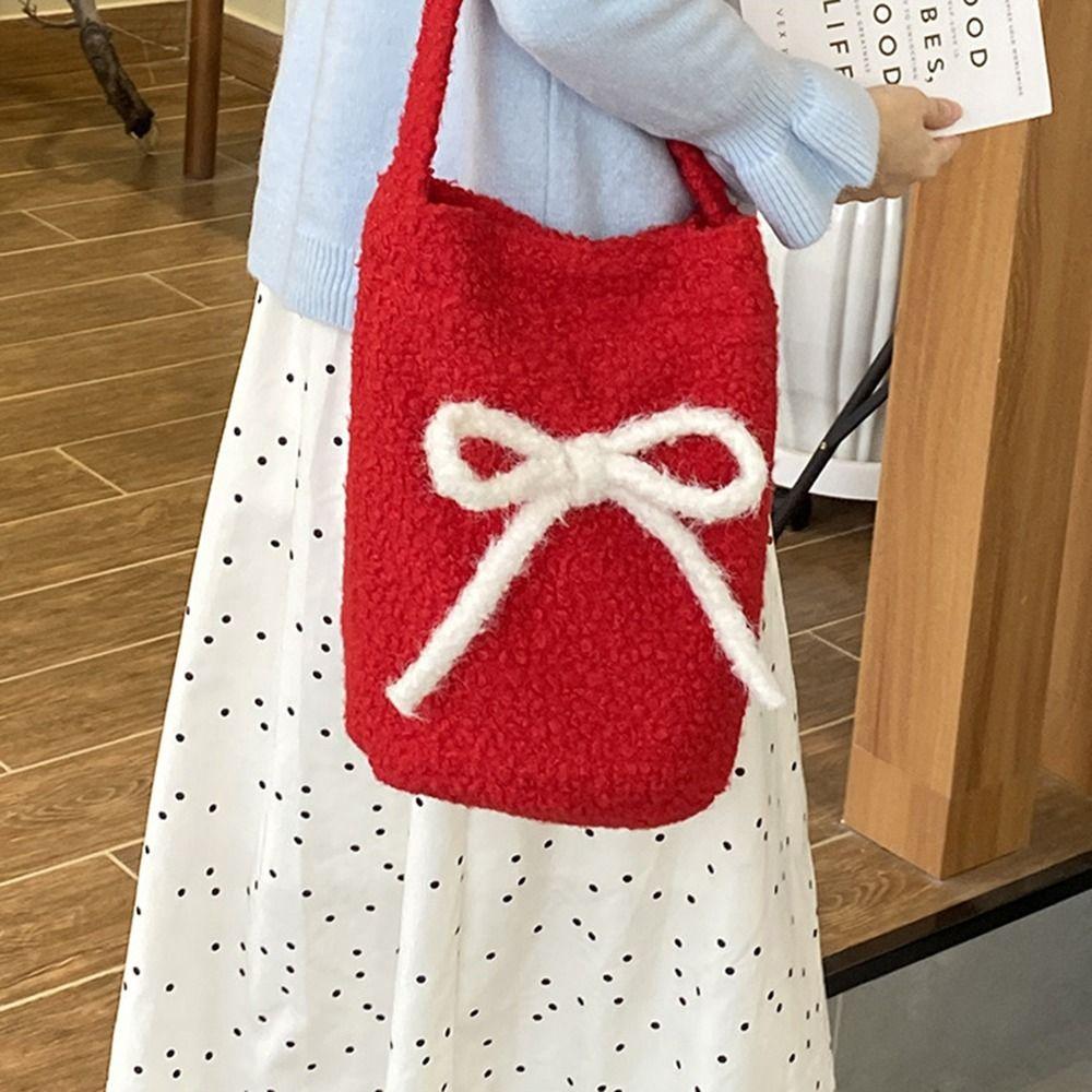 Single Shoulder Plush Bucket Bag Large Capacity New Year Red Tote Simple Red Crossbody Bag Autumn