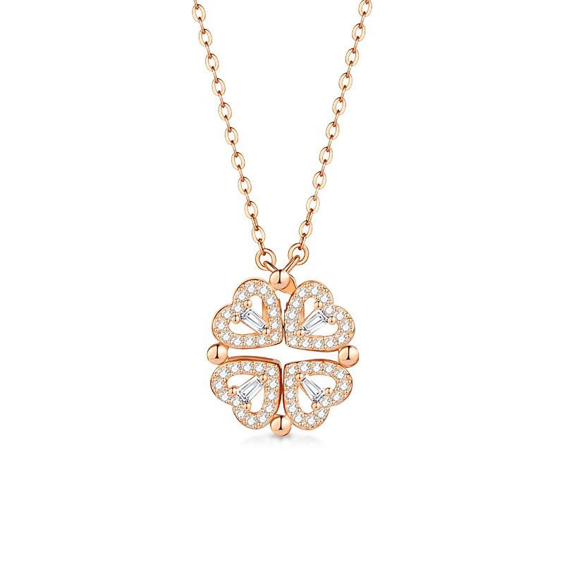 Sterling Heart Pendant Necklace With Clover Zircon Charm Magnetic Clasp Women Fashion OL Jewelry