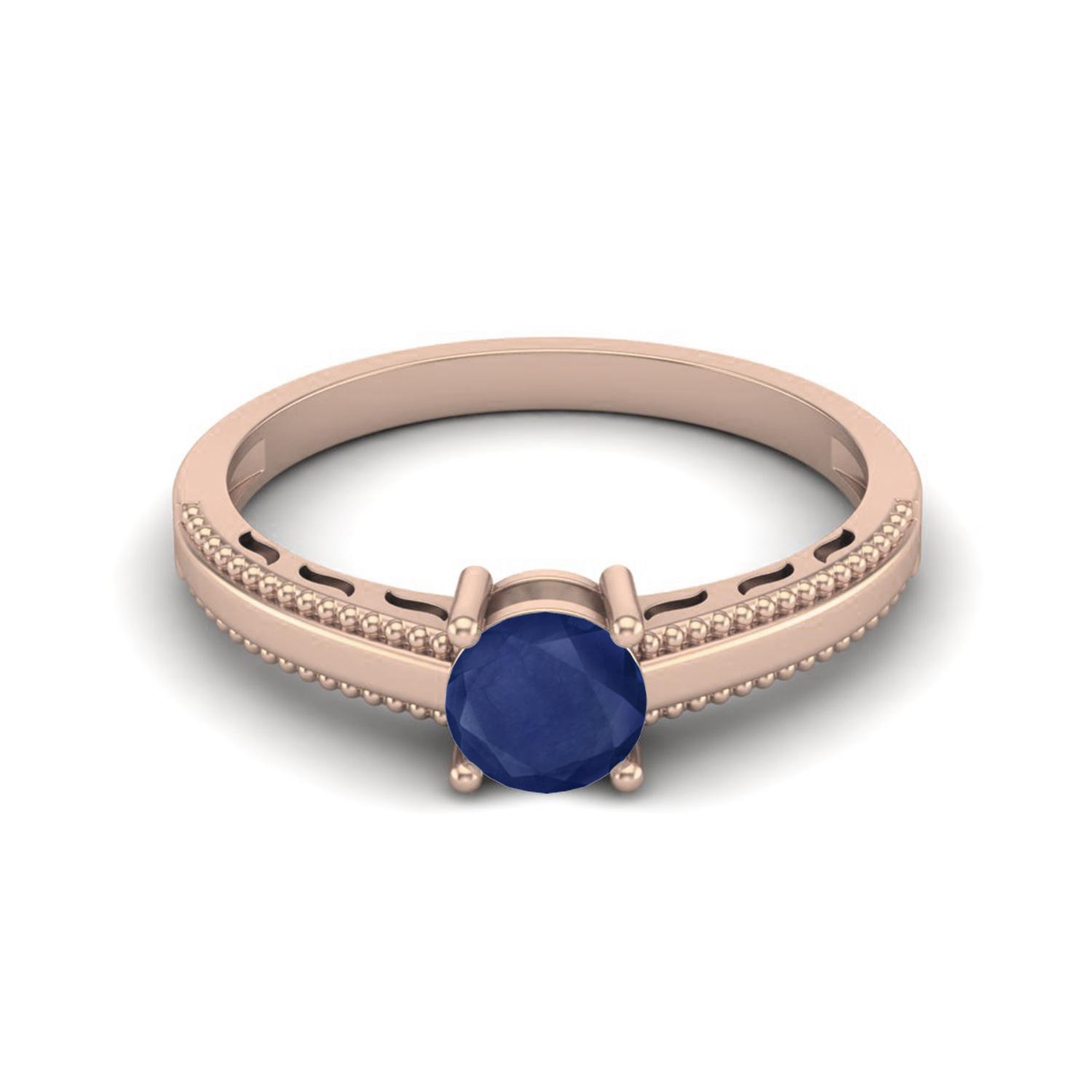 0.65 Cts Round Blue Sapphire 925 Sterling Silver Rose Vermeil Beaded Shank Anniversary Women Ring