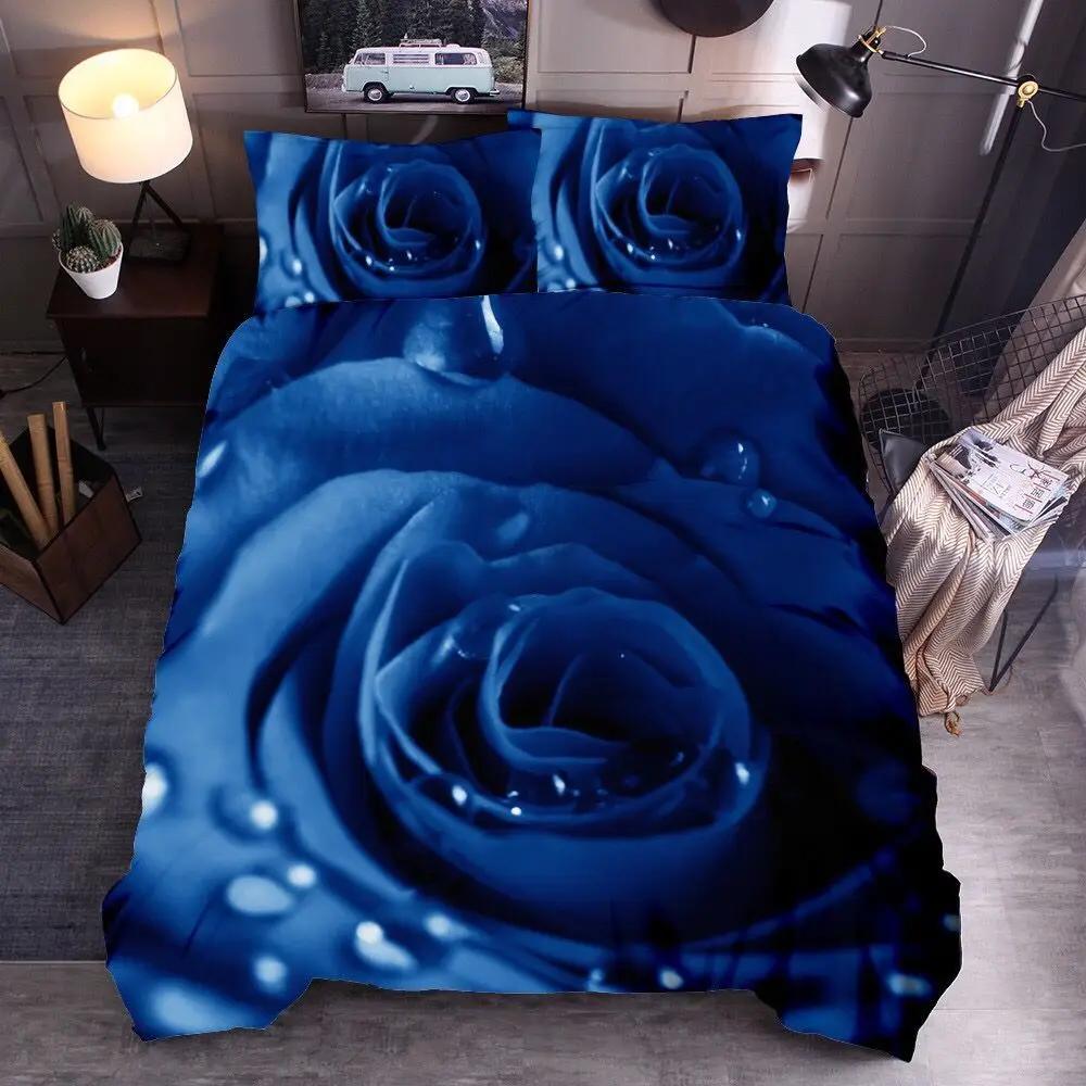 Nové 3D Růže Vesele Svatba Ložní Prádlo Sada Povlečení Potisk Fialová, Červená, Modrá Květina Domácí Textil Postelové Sady Pro Dvojité Vysoká Kvalita