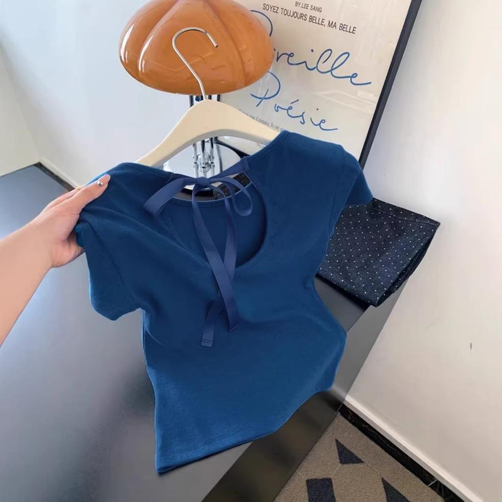Pure desire Spice Girl short front shoulder T-shirt women's summer design sense niche slim and thin hollow straps short-sleeved top