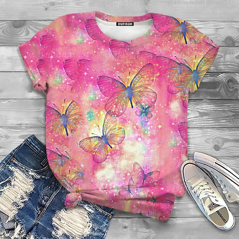 Summer Round Neck 3D Butterfly Print T-shirts Fashionable Casual Short Sleeved Women's T-shirts