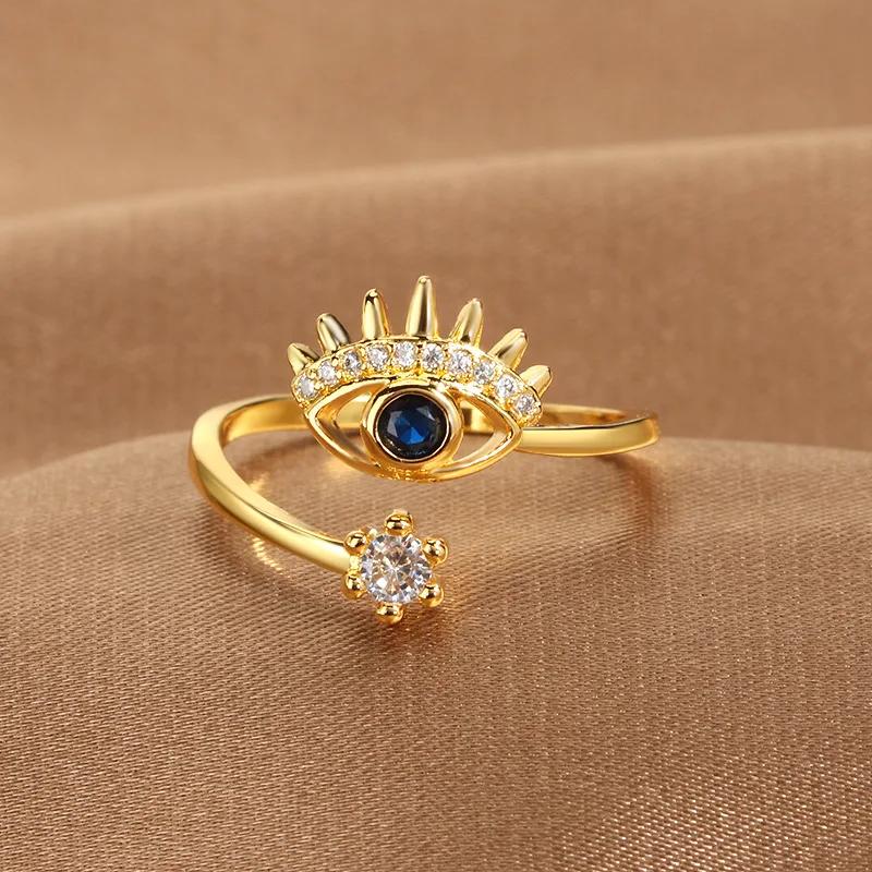 YILUOCD Blue Cubic Zirconia Evil Eye Open Ring for Women Turkish Devil Eyes Stackable Adjustable Rings Jewelry for Protection