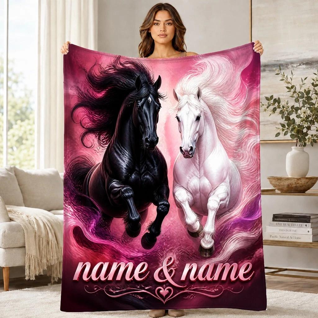 Black And White Galloping Horses Coral Fleece Blanket