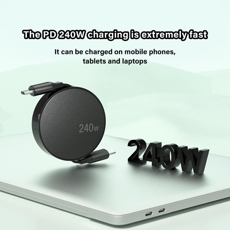 USB Type C Retractable Charging Cable 240W Fast Speed Data Sync Wire Power Cord with Wide Compatibility