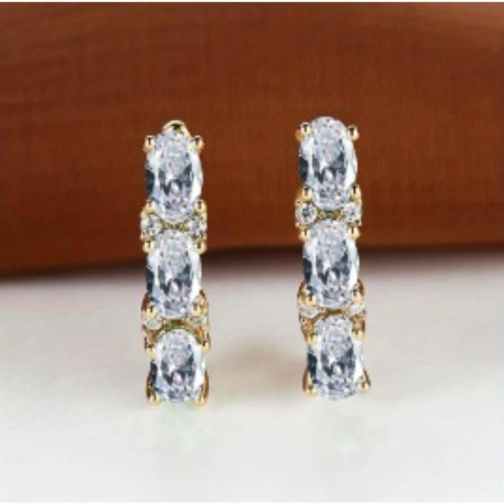 French Style Light Luxury Gold Three Oval Diamond Earrings Buckle Stylish and Fashionable Earring Accessory