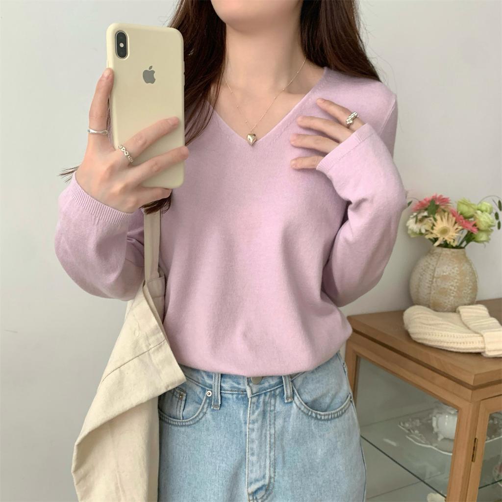 Solid Color Soft Waxy V-neck Knitted Sweater Bottoming Shirt Long-sleeved Women's Autumn and Winter Lazy Wind with Simple Sweater Top
