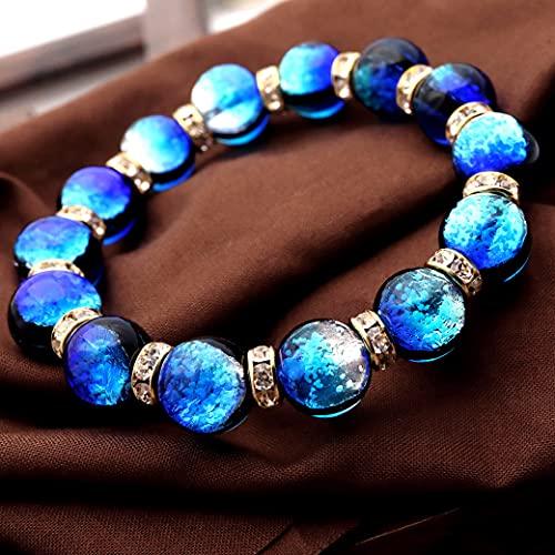 [GOLD STONE] Glowing Firefly Glass Bracelet, Yonaguni Blue, 12mm, Sparkling Okinawa Power Stone, Inner Circumference: Approx. 19.5cm