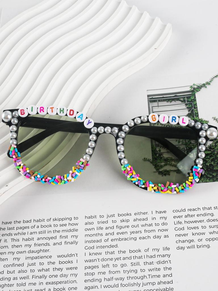 Unisex Square Pearl Sunglasses with Custom English Letters, Handmade Party Accessory