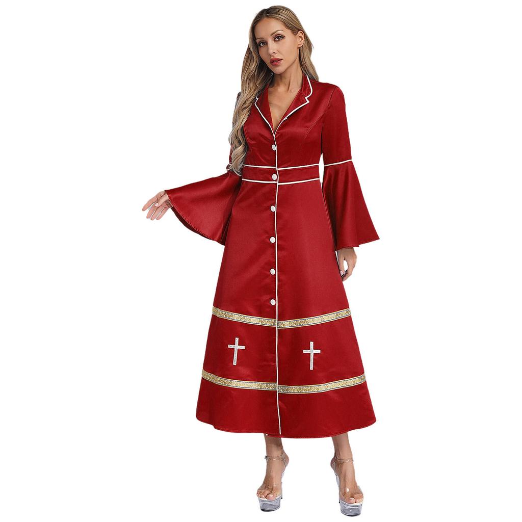 Rochie Clericală de Damă cu Mâneci Lungi și Nasturi, Costum Casacă, Biserică, Pastor, Cosplay, Veșminte Liturgice, Ținută de Pitic