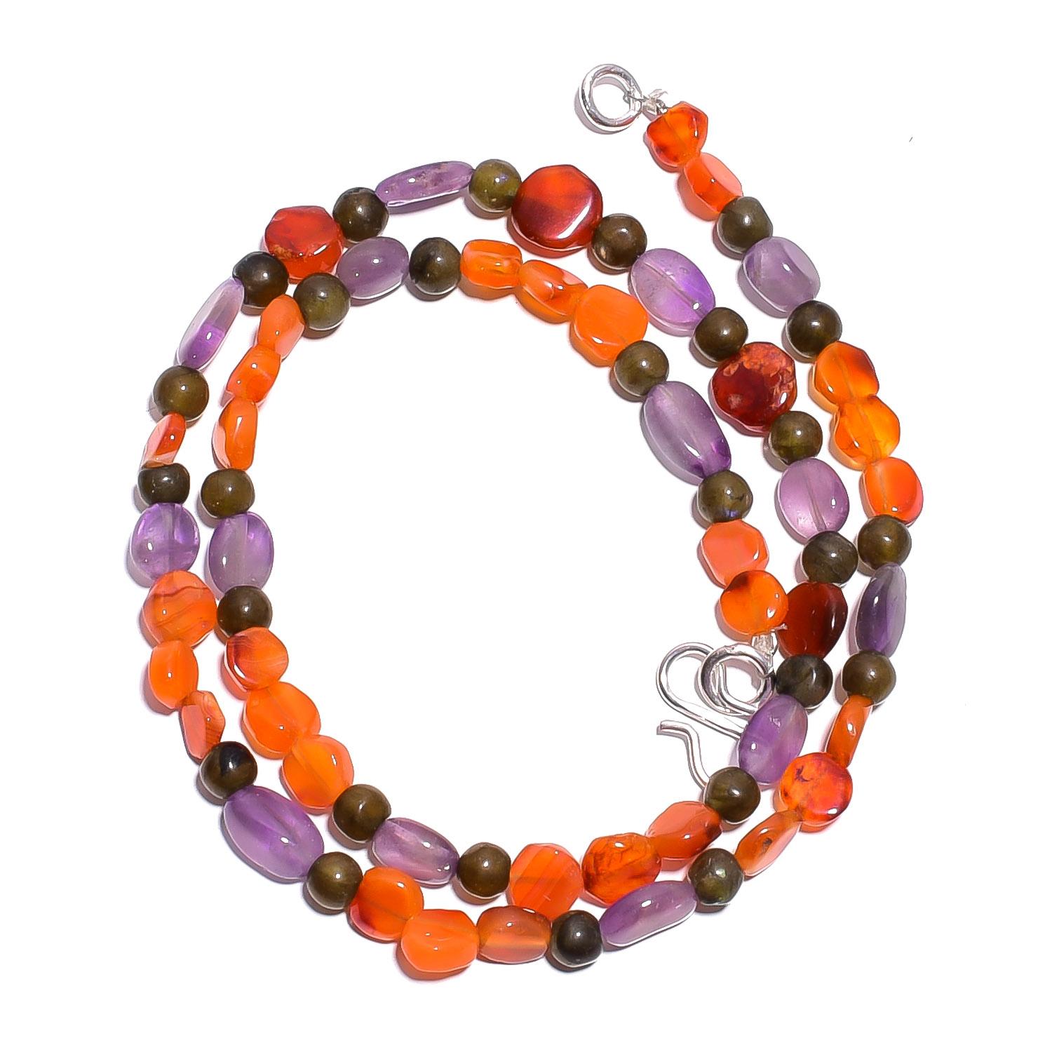 

Natural Carnelian Amethyst Labradorite Gemstone Smooth Beads Necklace 17 UB4958 UB-4958