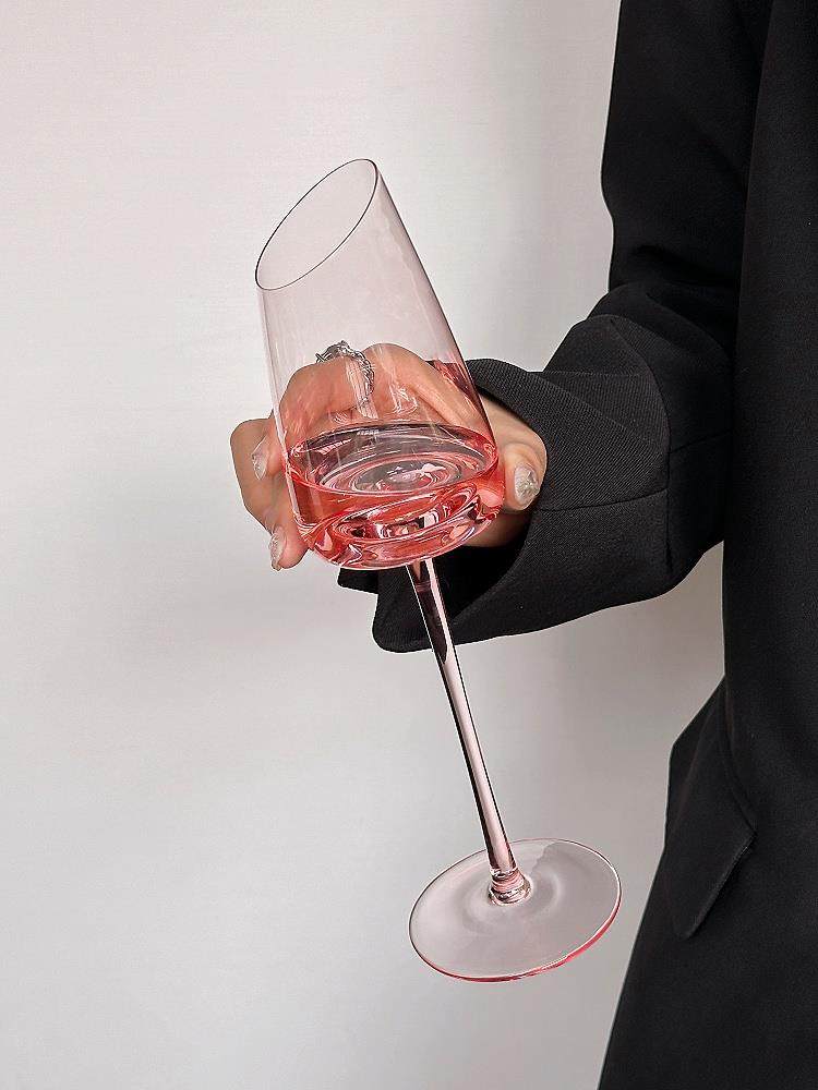 Crystal Pink Bevel Angled Goblet Champagne Glasses for Sparkling Wine Red Dessert Glasses Home Use