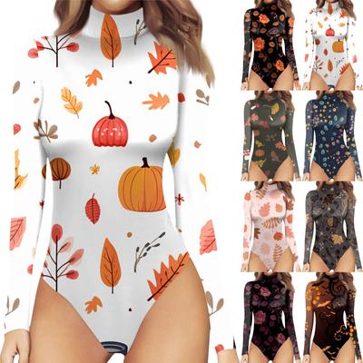 Dames Herfst en Winter Eendelig T-shirt Slim Lange Mouw Half Hoge Hals Vintage Halloween Bedrukt Bodysuit Tops