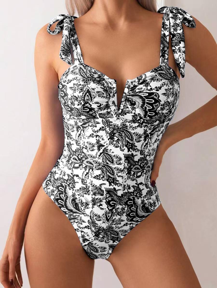 TS JYL-BK044 Retro Print One-Piece Swimsuit, Blue White Porcelain Style Beach Swimwear S