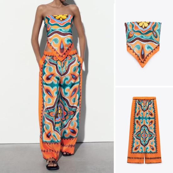 

Топы с нестандартным принтом, брюки с открытыми плечами, эластичный пояс с карманами, повязка на голову, стильный топ, широкие брюки, уличная одежда