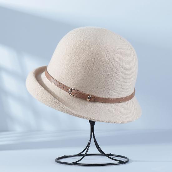 Basin Hat British Style Woolen Casual Hat with Rolled Brim Faux Leather Strap Women Autumn Winter Urban Hat