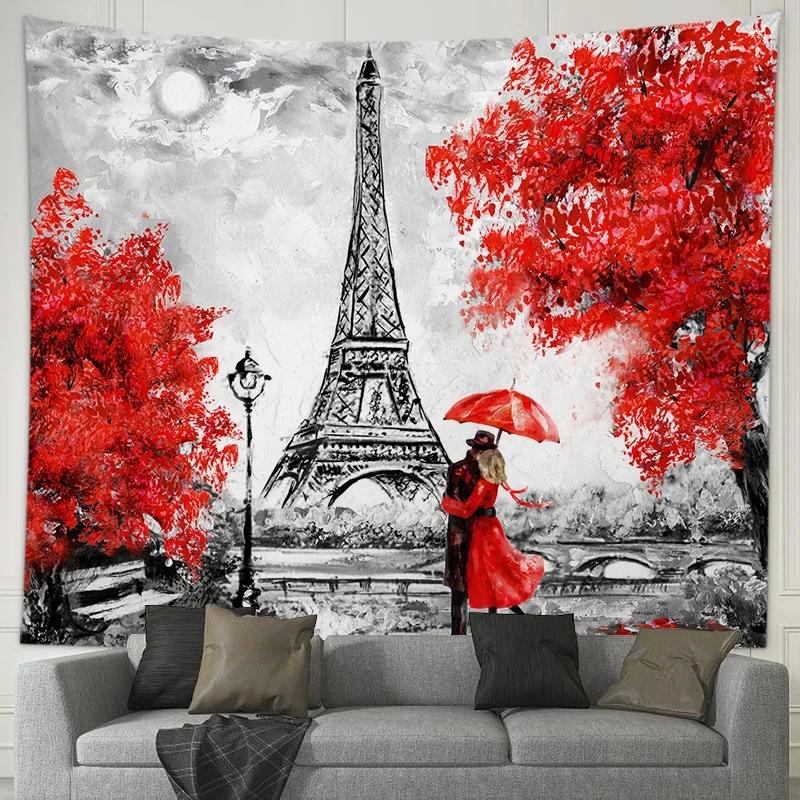 Romantic Couple Lovers Tapestry Eiffel Tower Big Ben Tapestry Wall Hanging Maple Rose Decorated Home Bedroom Living Room Dorm