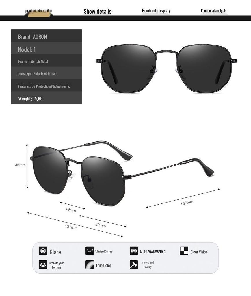 Men's Polygon Polarized Sunglasses - Colorful Metal Frame, Anti-UV, Anti-Blue Light, Flat Lens 3548