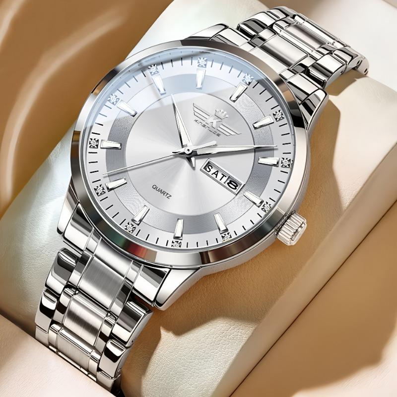 Top Brand New Men's Steel Band Waterproof Quartz Double Calendar Watch Luminous Scale Cross-Business Wristwatch